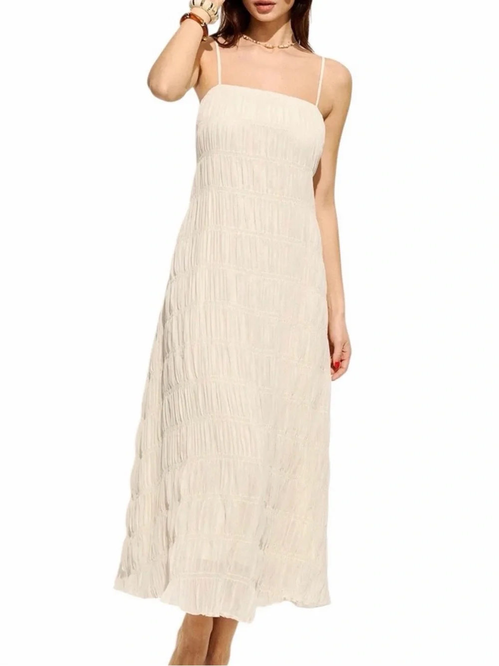 Commense Smocked Apricot Cream Tie Back Maxi Dress XS NWT